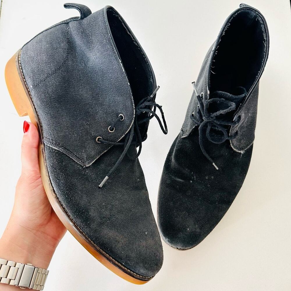 MENS BANANA REPUBLIC Grey Black Suede Canvas Chukka Ankle Boots Lace Up Shoes 11